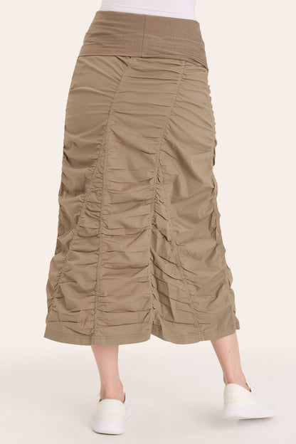 Core by Shirred Panel Asymmetric Midi Skirt in Stretch Poplin with jersey pull-on foldover waistband and gored section in Brown  - XCVI