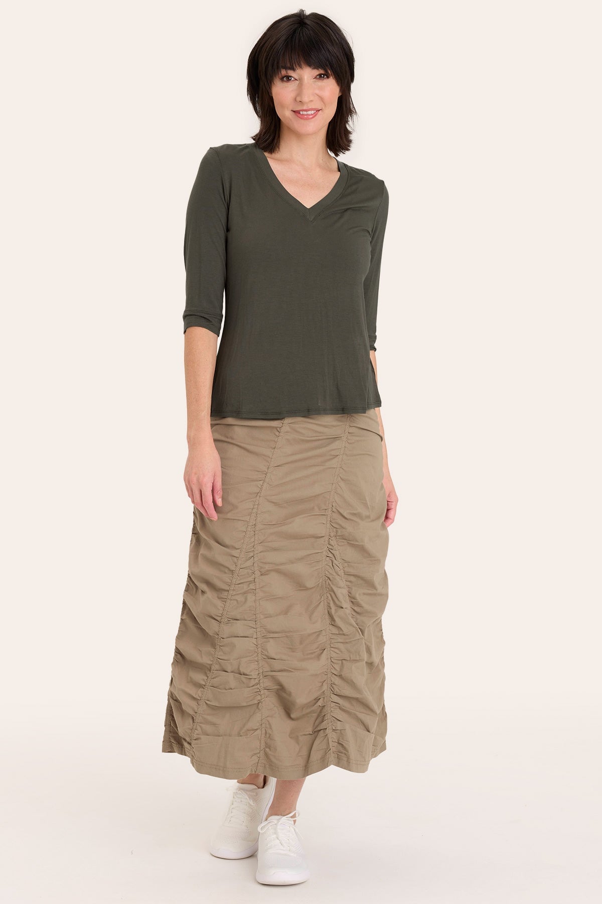 Core by Shirred Panel Asymmetric Midi Skirt in Stretch Poplin with jersey pull-on foldover waistband and gored section in Brown  - XCVI