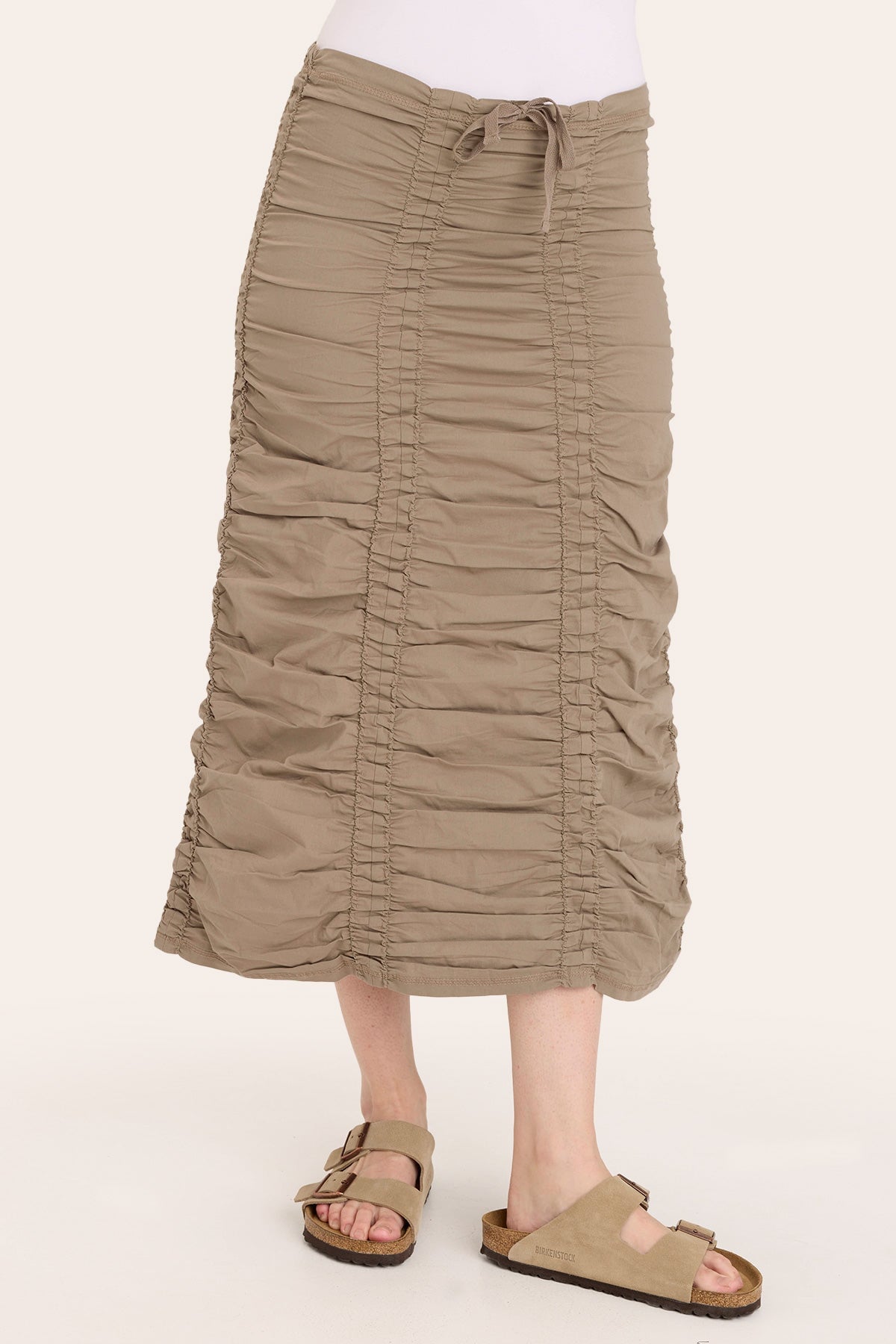 Core by Shirred Drawstring Midi Skirt in Stretch Poplin in Brown  - XCVI