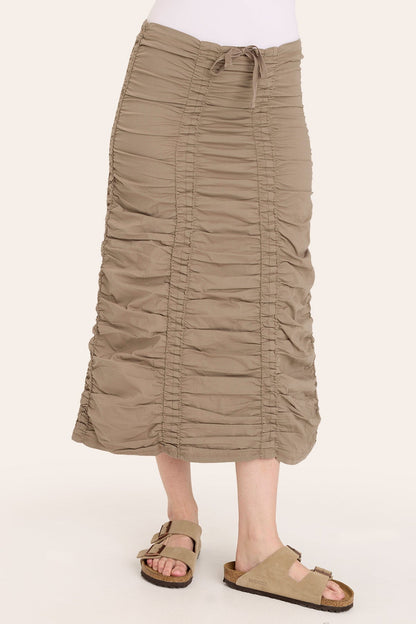 Core by Shirred Drawstring Midi Skirt in Stretch Poplin in Brown  - XCVI