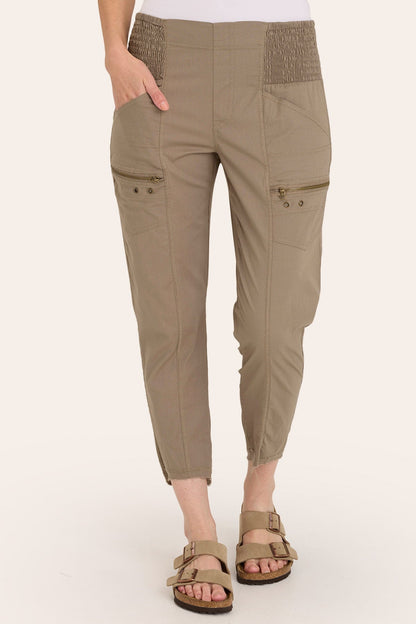 Core by Acker Zipper Slim Crop with shirred panels, zipper pockets, and raw-edge distressed rounded hem in Brown  - XCVI