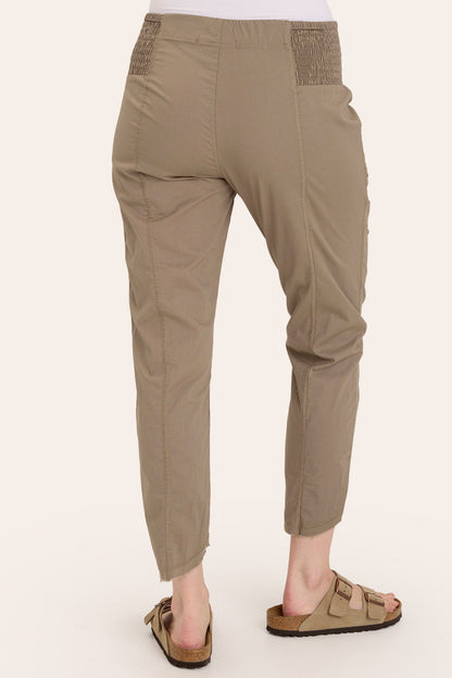 Core by Acker Zipper Slim Crop with shirred panels, zipper pockets, and raw-edge distressed rounded hem in Brown  - XCVI