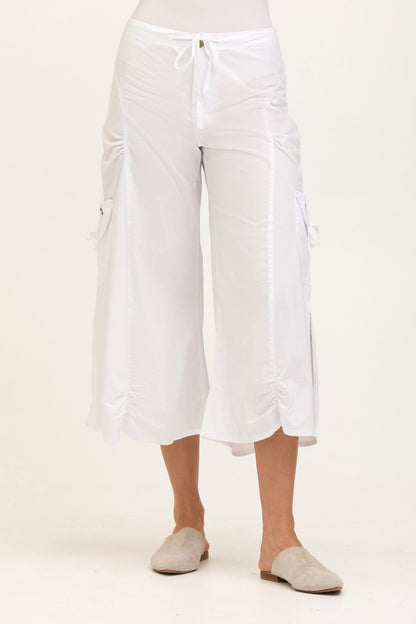 Wearables Split Wide-Leg Cargo Gaucho Crop in Stretch Poplin with button zip fly in White White - XCVI