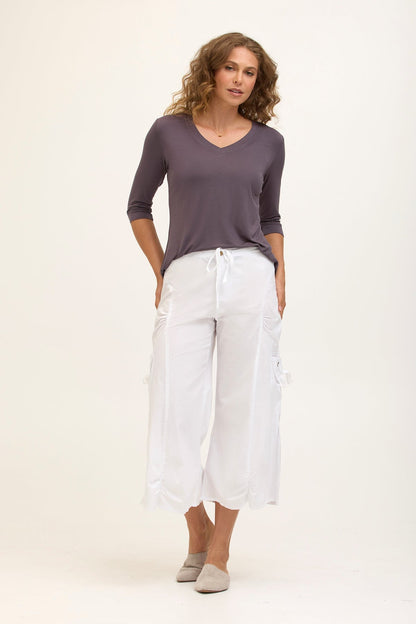 Wearables Split Wide-Leg Cargo Gaucho Crop in Stretch Poplin with button zip fly in White White - XCVI