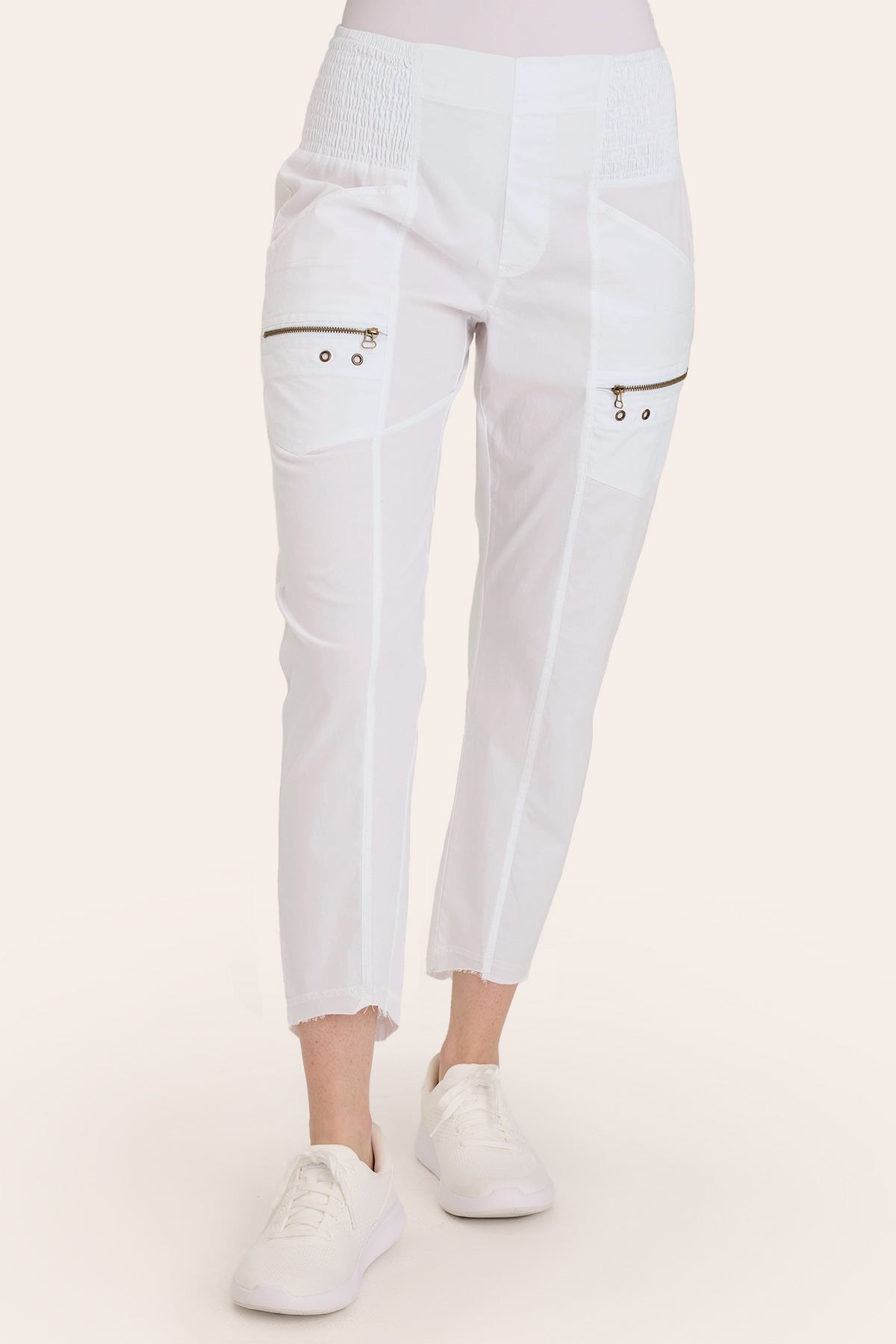 Core by Acker Zipper Slim Crop with shirred panels, zipper pockets, and raw-edge distressed rounded hem in White  - XCVI