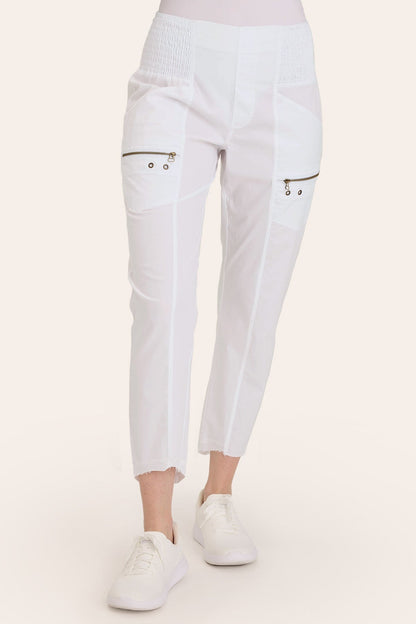 Core by Acker Zipper Slim Crop with shirred panels, zipper pockets, and raw-edge distressed rounded hem in White  - XCVI