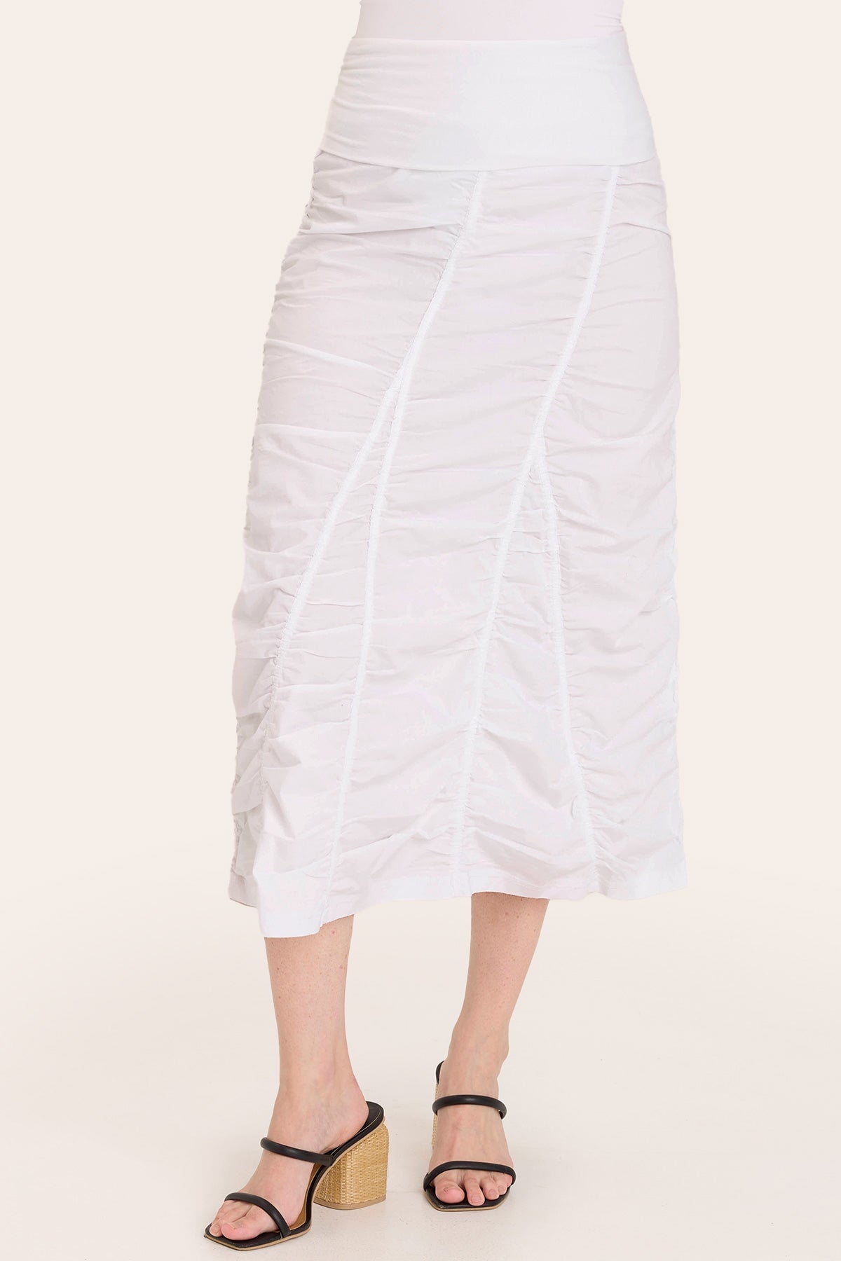 Core by Shirred Panel Asymmetric Midi Skirt in Stretch Poplin with jersey pull-on foldover waistband and gored section in White  - XCVI