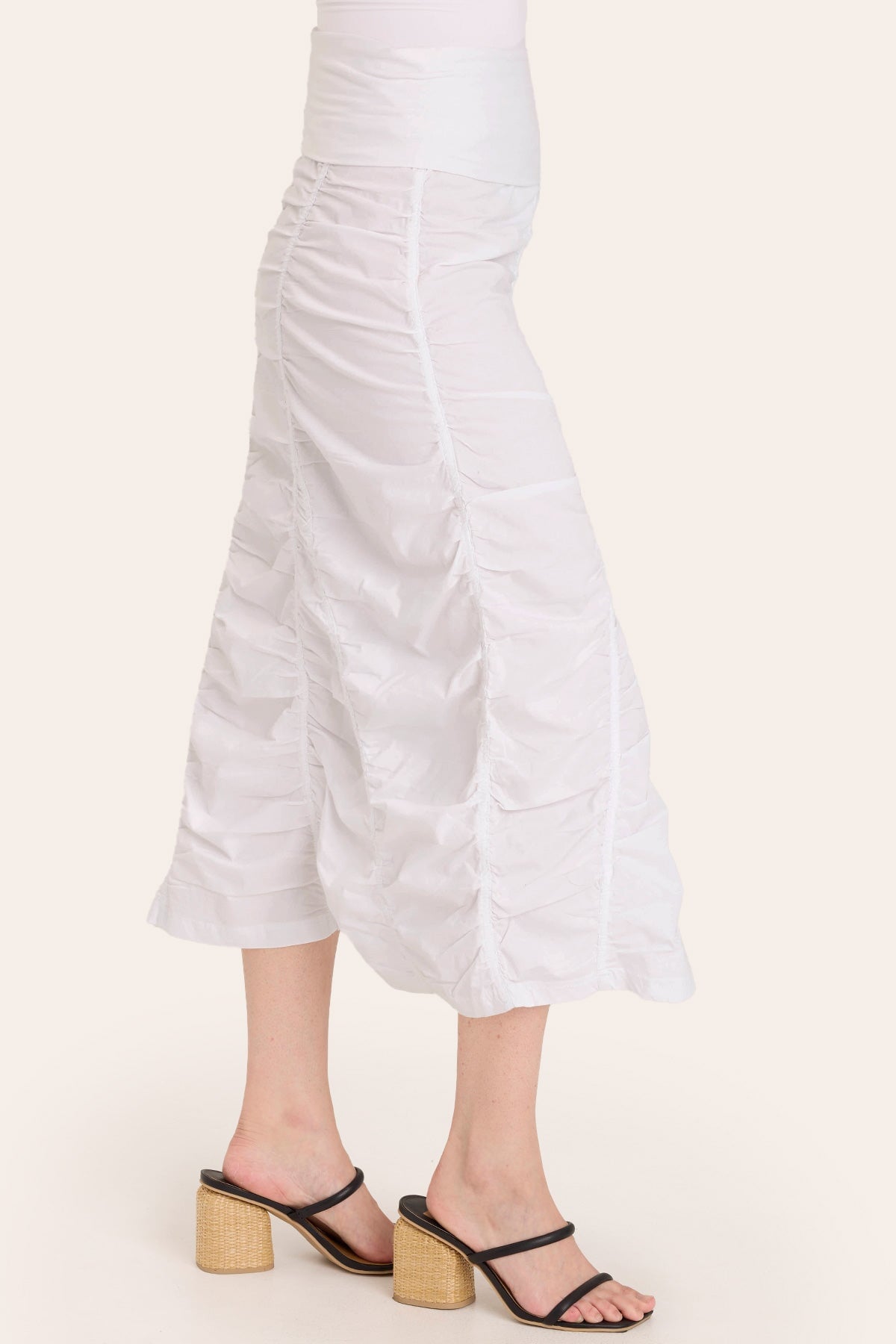 Core by Shirred Panel Asymmetric Midi Skirt in Stretch Poplin with jersey pull-on foldover waistband and gored section in White  - XCVI