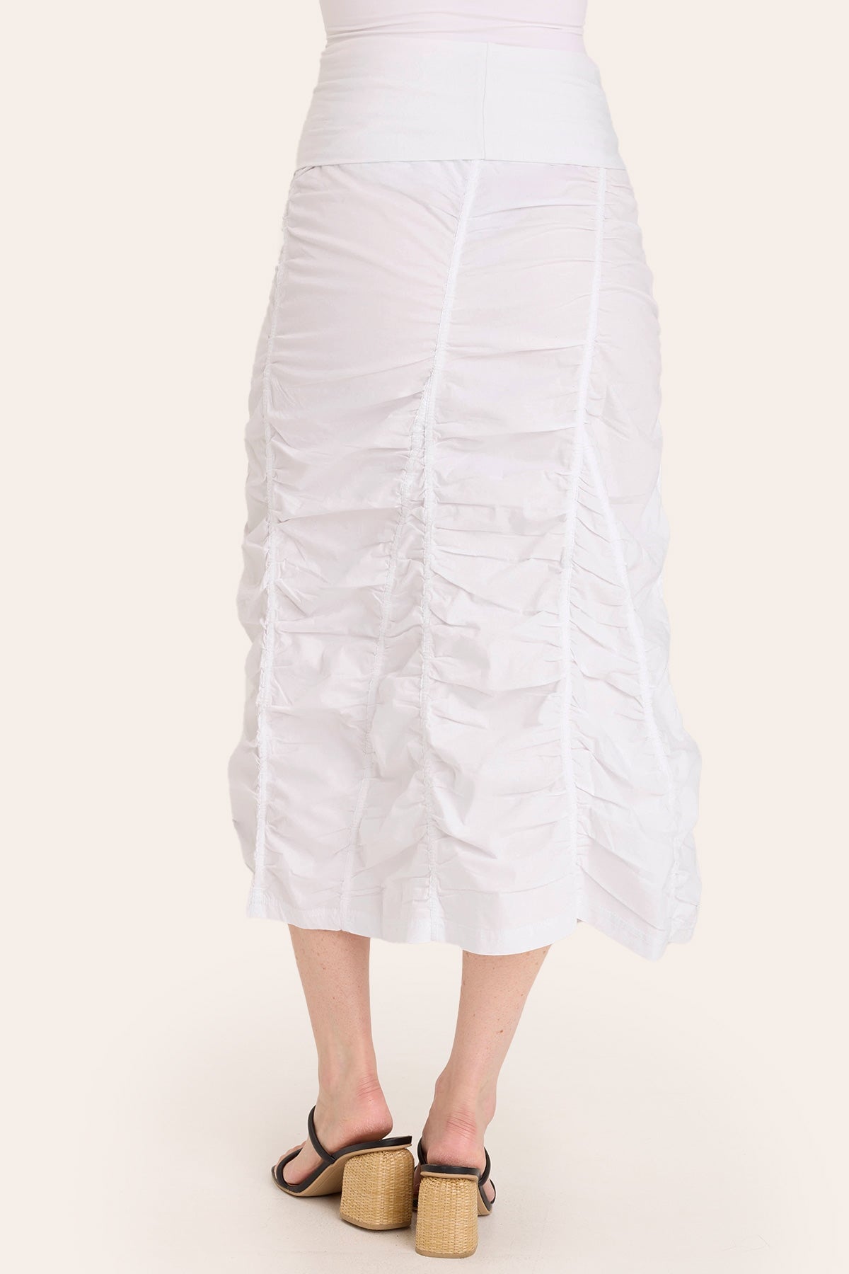Core by Shirred Panel Asymmetric Midi Skirt in Stretch Poplin with jersey pull-on foldover waistband and gored section in White  - XCVI