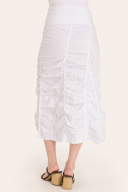 Core by Shirred Panel Asymmetric Midi Skirt in Stretch Poplin with jersey pull-on foldover waistband and gored section in White  - XCVI