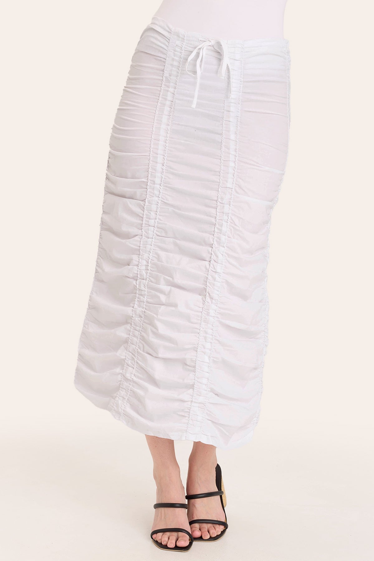 Core by Shirred Drawstring Midi Skirt in Stretch Poplin in White  - XCVI