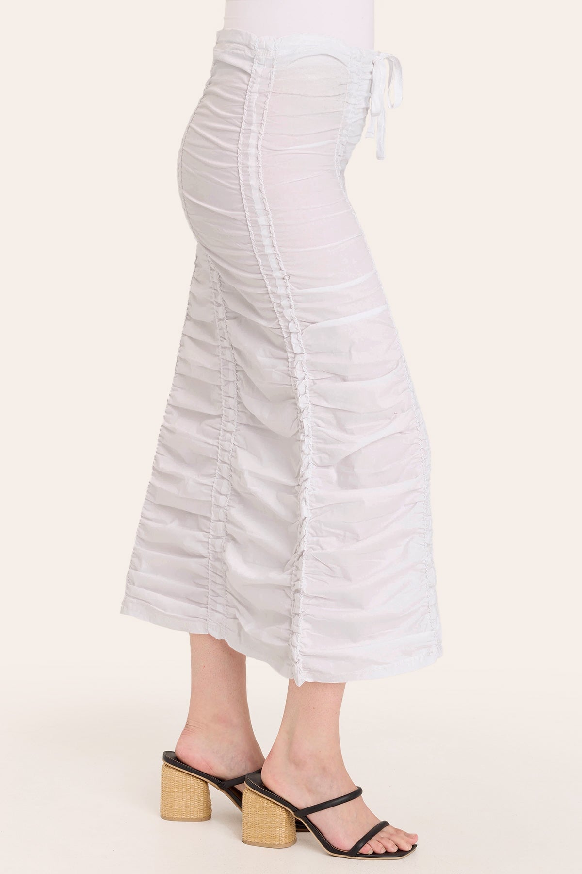 Core by Shirred Drawstring Midi Skirt in Stretch Poplin in White  - XCVI