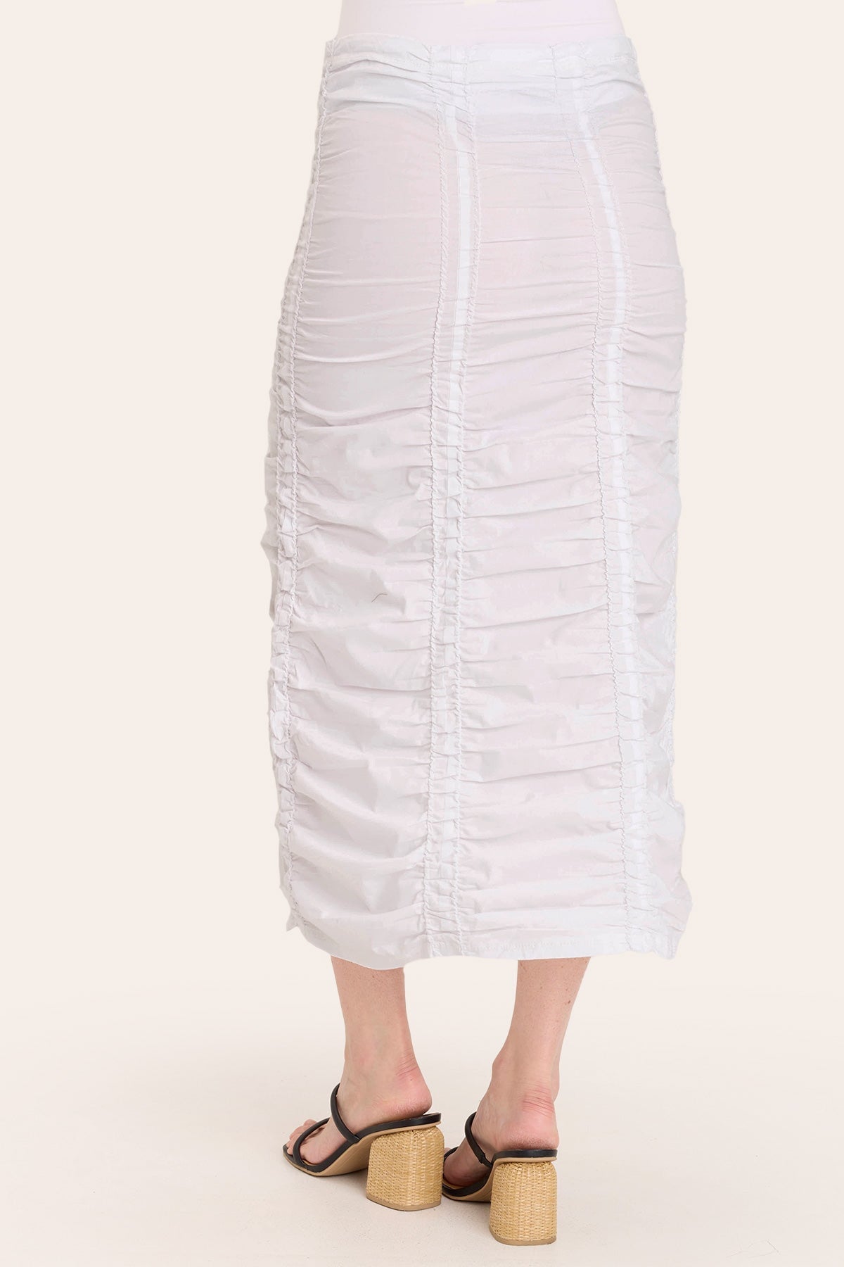 Core by Shirred Drawstring Midi Skirt in Stretch Poplin in White  - XCVI