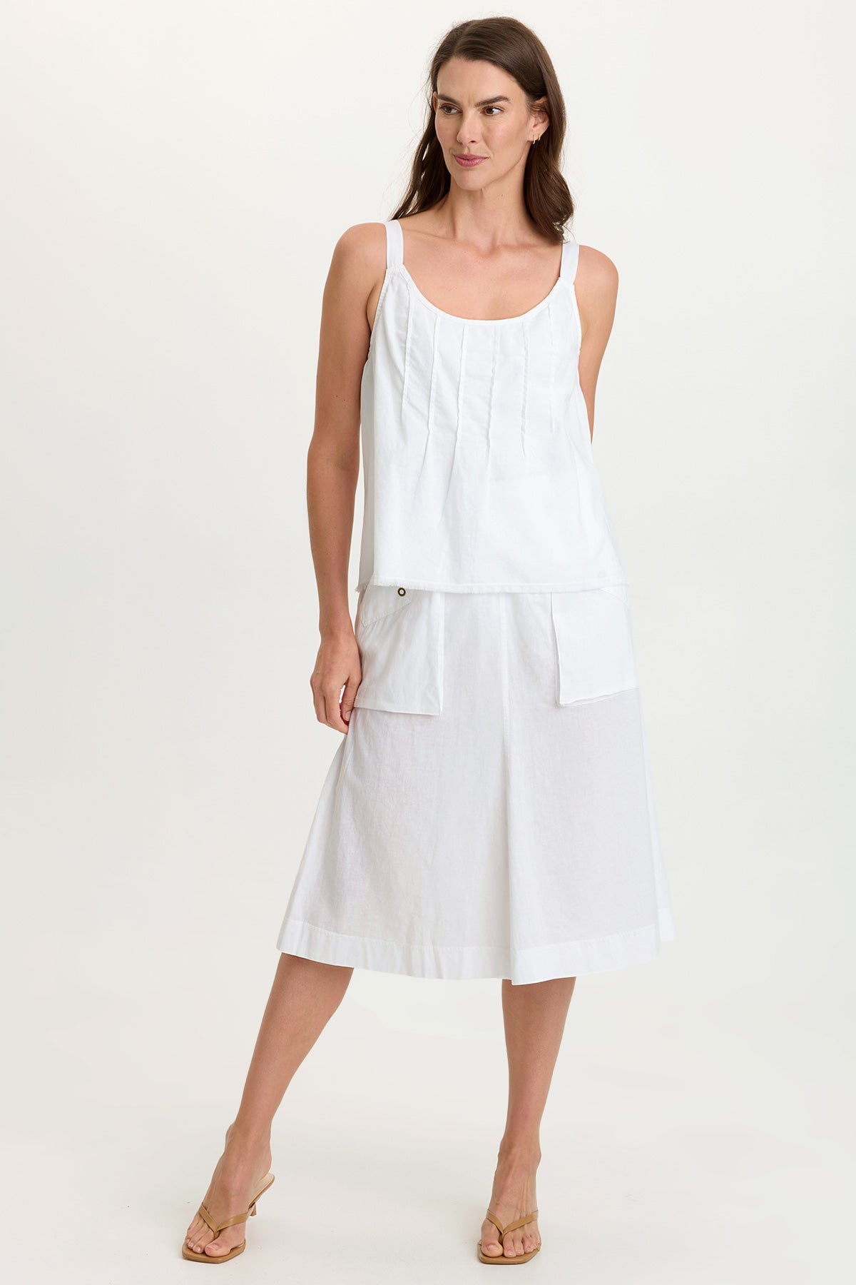 Wearables Shawnie Linen Billowy Pintuck Tank with distressed hem and side slit detail in White White - XCVI