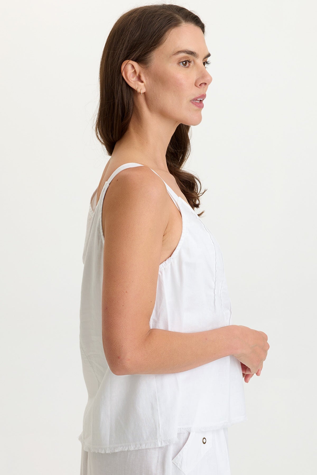 Wearables Shawnie Linen Billowy Pintuck Tank with distressed hem and side slit detail in White White - XCVI