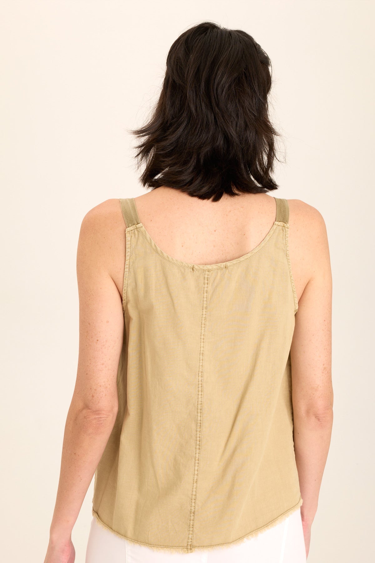Wearables Shawnie Linen Billowy Pintuck Tank with distressed hem and side slit detail in Beige Linwood Sands Pigment - XCVI