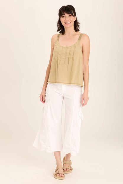 Wearables Shawnie Linen Billowy Pintuck Tank with distressed hem and side slit detail in Beige Linwood Sands Pigment - XCVI