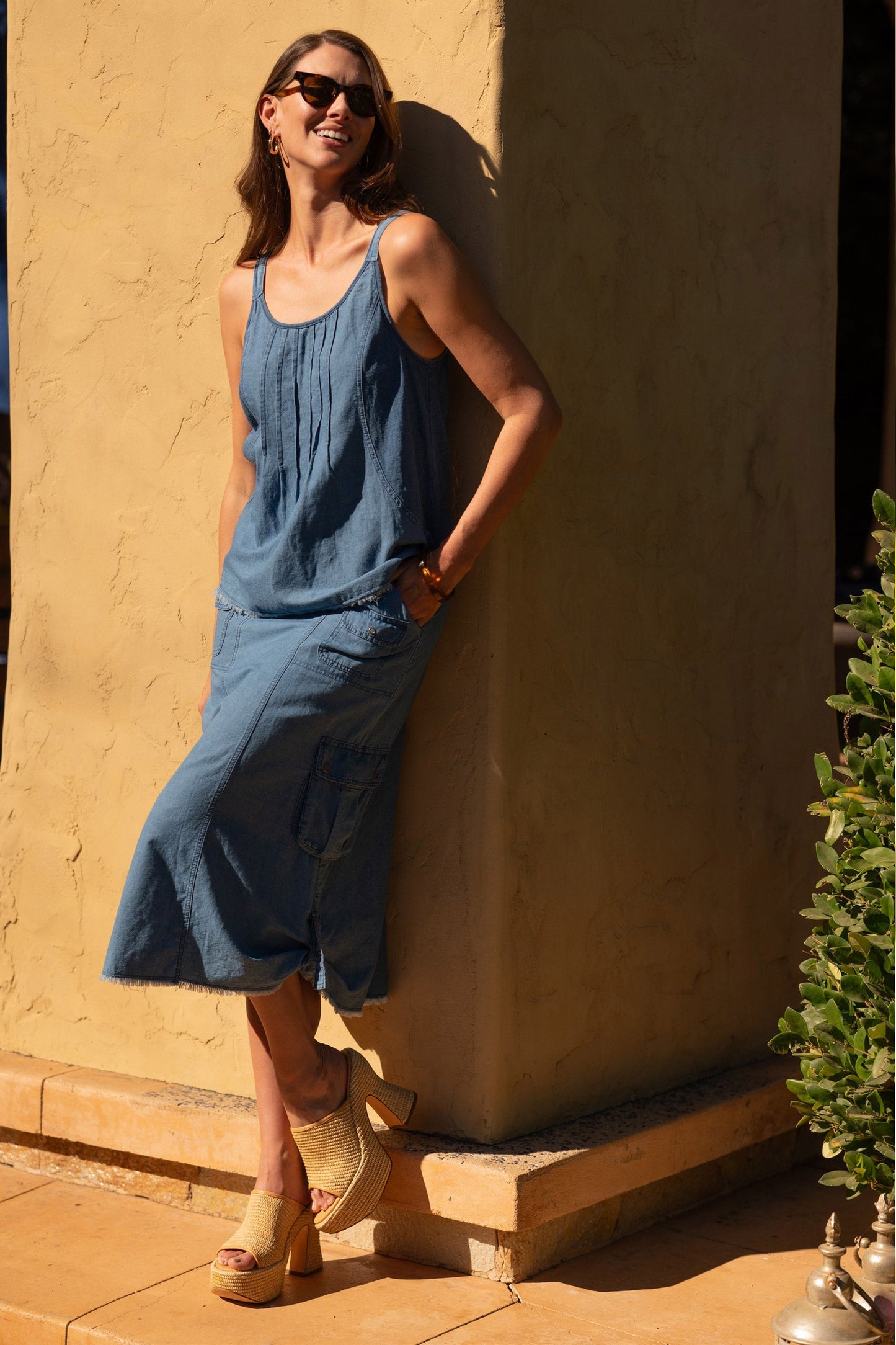 Norelle Flowy Pintuck Mock-Denim Twill Tank Etiolate Wash - XCVI