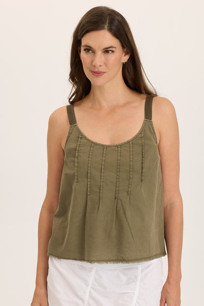 Wearables Shawnie Flowy Linen Pintuck Tank Kombu Pigment - XCVI