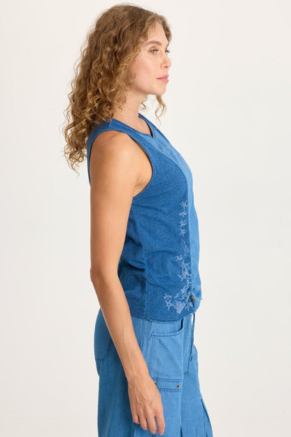 Cobie Printed Indigo Twill Cord-Cinch Tank Etiolate Wash - XCVI