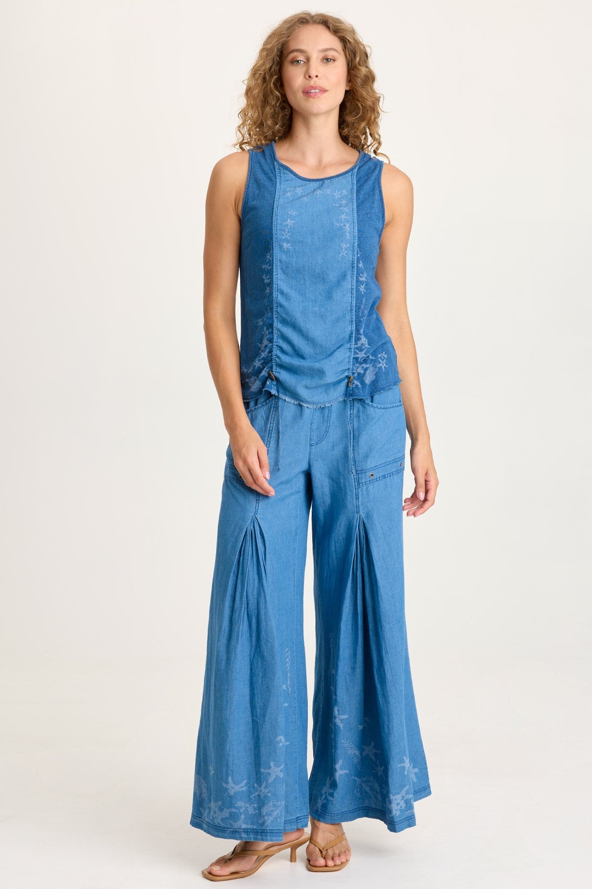 Cobie Printed Indigo Twill Cord-Cinch Tank Etiolate Wash - XCVI