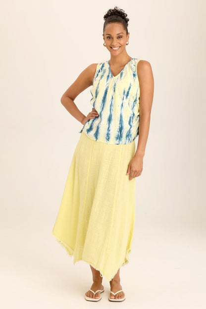 Wearables Ileana Cinched Soft Twill V-Neck Tank with adjustable side seam and jersey contrast + brass hardware in Yellow Flecked Wash Daybreak - XCVI