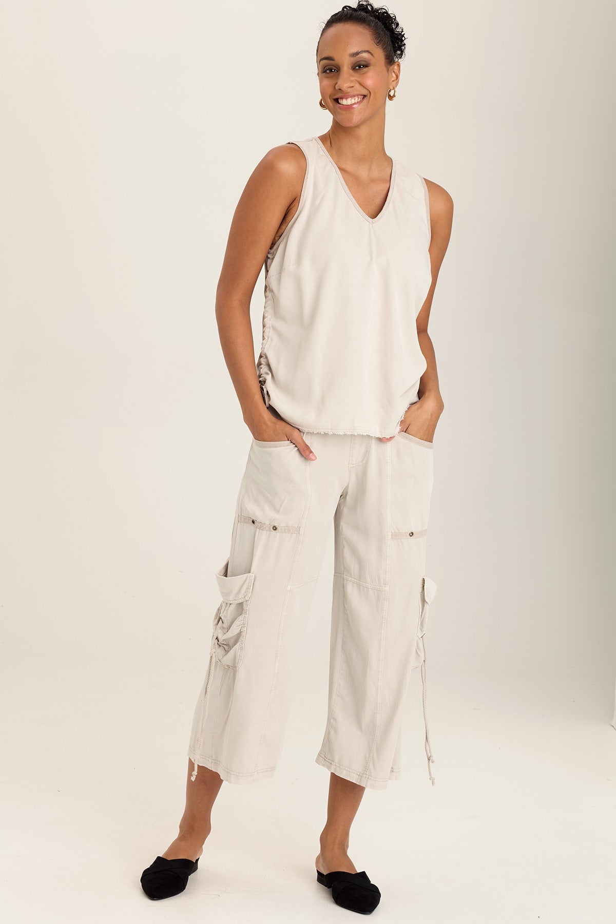 Wearables Ileana Cinched Soft Twill V-Neck Tank with adjustable side seam and jersey contrast + brass hardware in Grey Ripple Pigment - XCVI