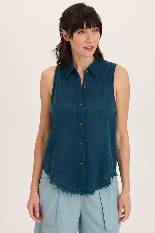 Wearables Otto Cotton Gauze Distressed Button-Up Tank Abyss Pigment - XCVI