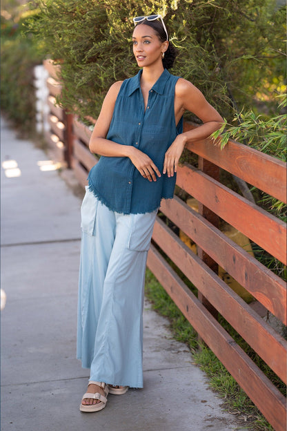 Wearables Otto Cotton Gauze Distressed Button-Up Tank Abyss Pigment - XCVI