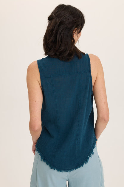 Wearables Otto Cotton Gauze Distressed Button-Up Tank Abyss Pigment - XCVI