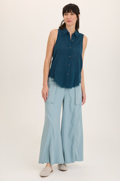 Wearables Otto Cotton Gauze Distressed Button-Up Tank Abyss Pigment - XCVI