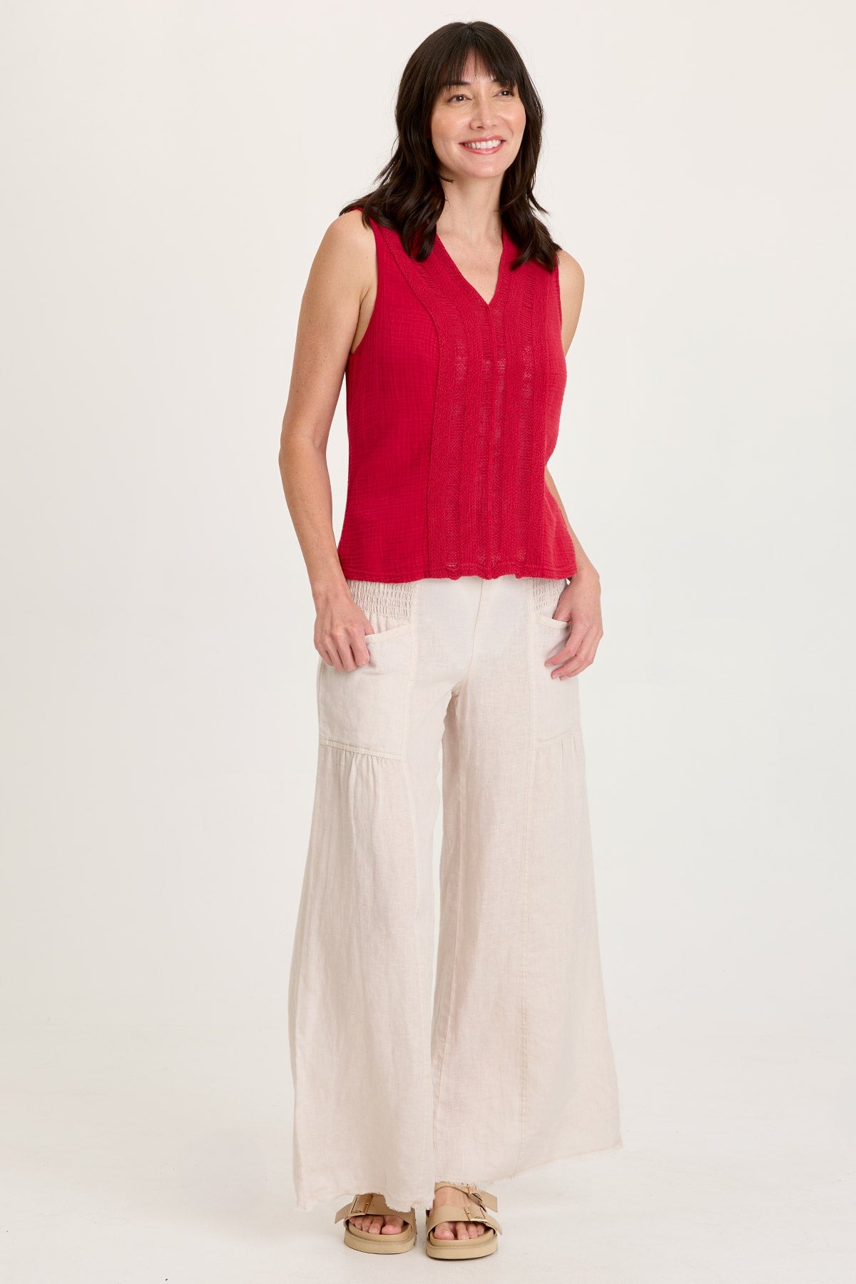 Reid Gauze V-Neck Sleeveless Top with Crochet Front Trim Red Garnet - XCVI