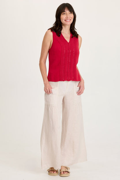 Reid Gauze V-Neck Sleeveless Top with Crochet Front Trim Red Garnet - XCVI