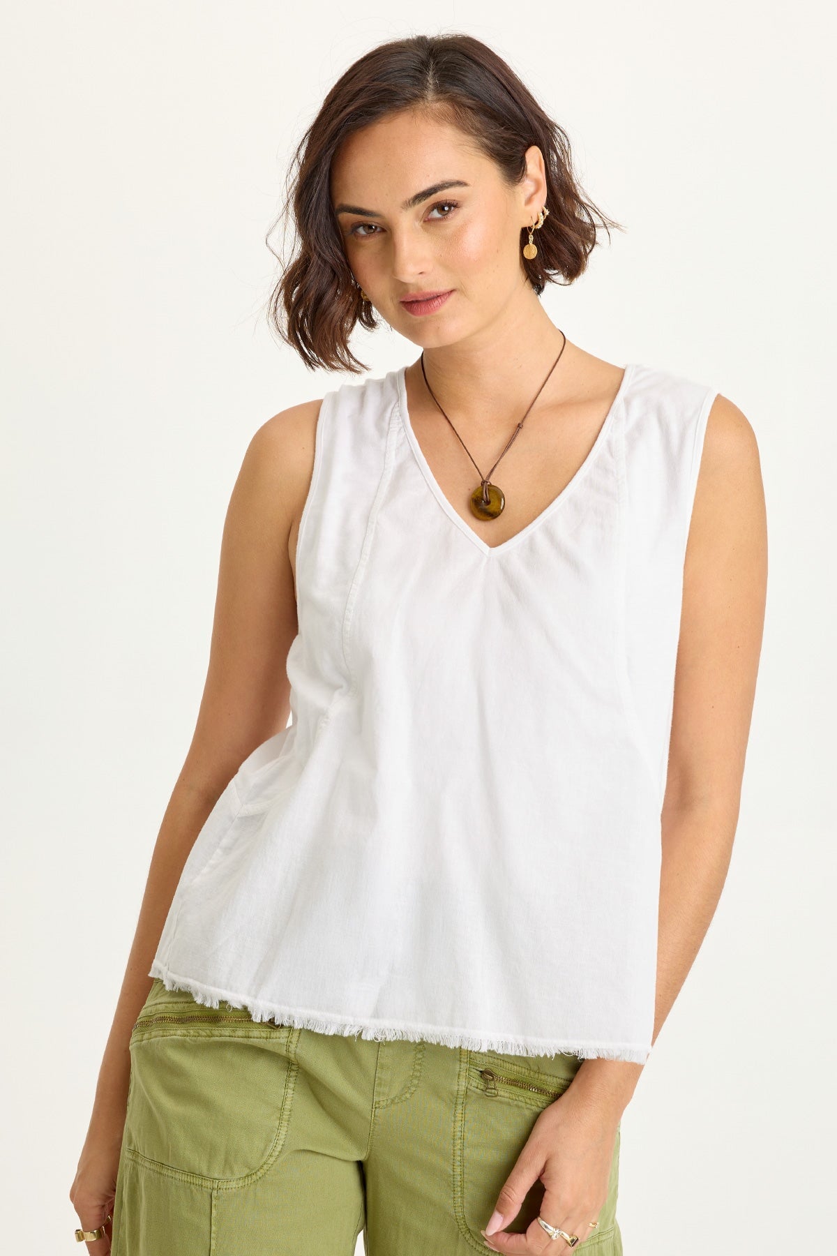 Wearables Mazie Linen/Jersey V-Neck Tank White - XCVI