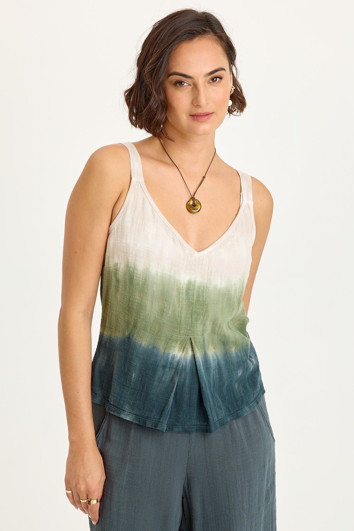 Wearables Cotton Gauze/Jersey Box Pleat Front Strap Tank Tricolor Ombre Hawthorn - XCVI