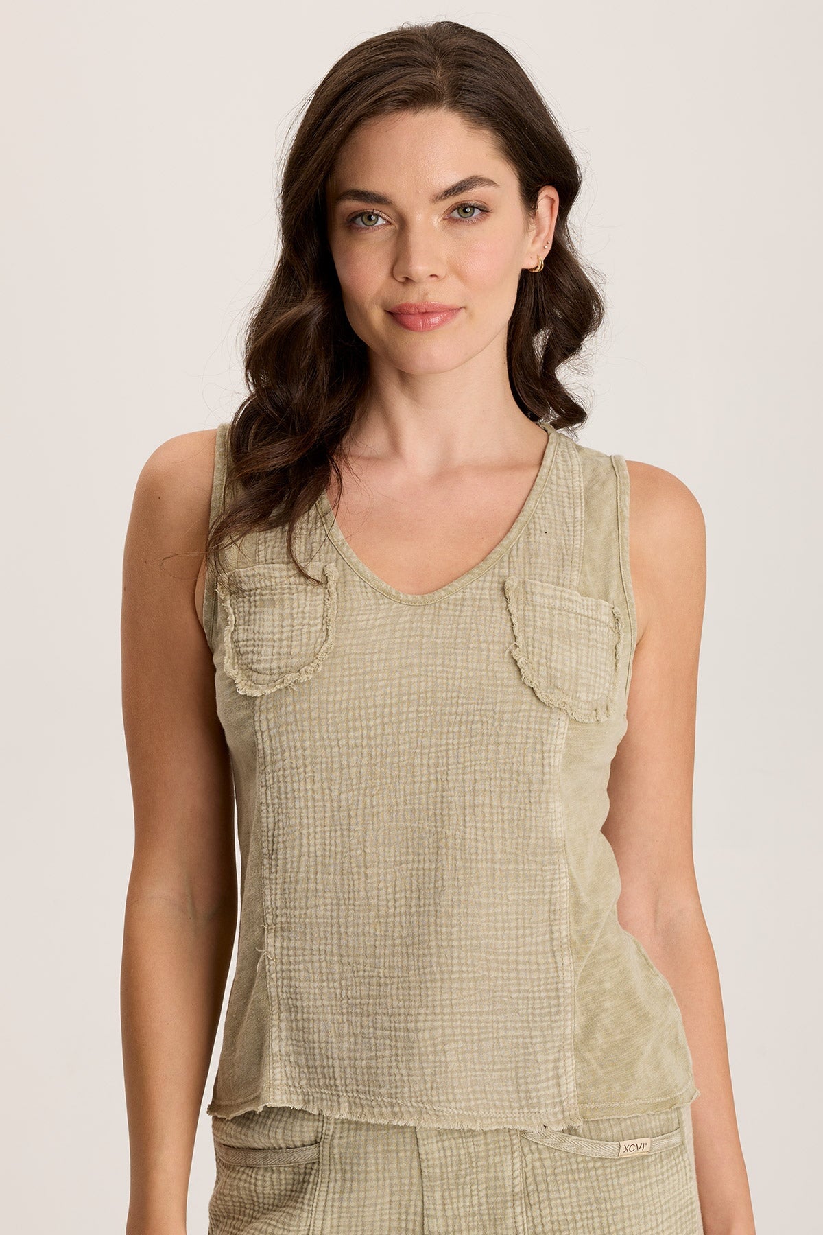 Kirkley Gauze/Jersey V-Neck Tank Distress Wash Biscuit - XCVI