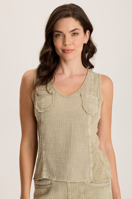 Kirkley Gauze/Jersey V-Neck Tank Distress Wash Biscuit - XCVI