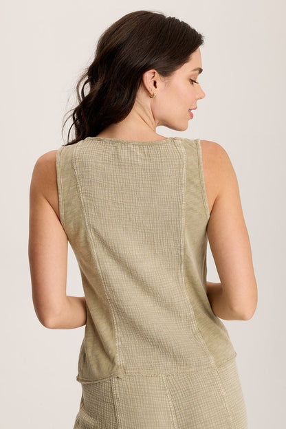 Kirkley Gauze/Jersey V-Neck Tank Distress Wash Biscuit - XCVI