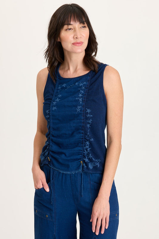 Cobie Printed Indigo Twill Cord-Cinch Tank Sluice Wash - XCVI