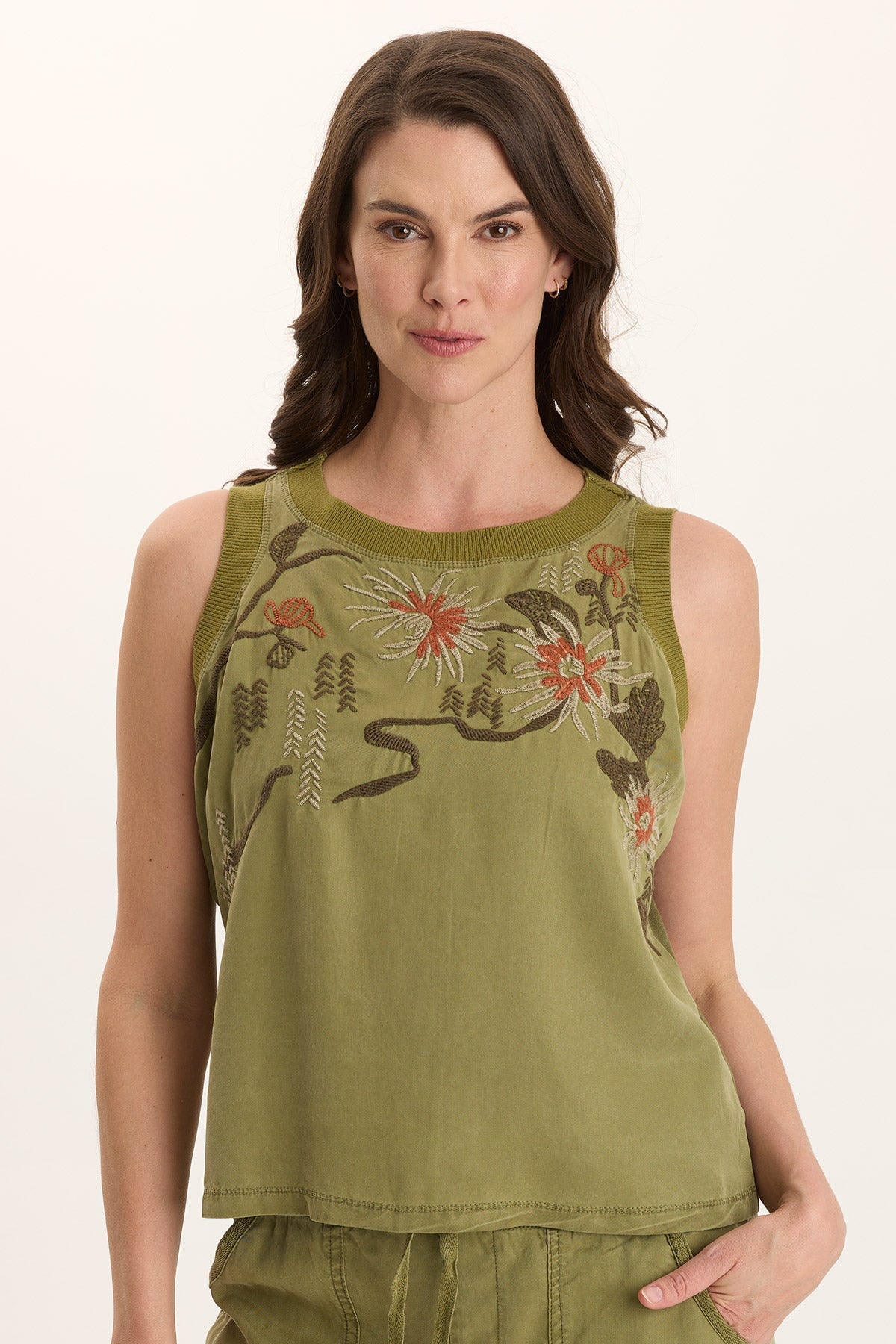 Embroidered Katrine Twill Novelty Tank Thicket Pigment - XCVI