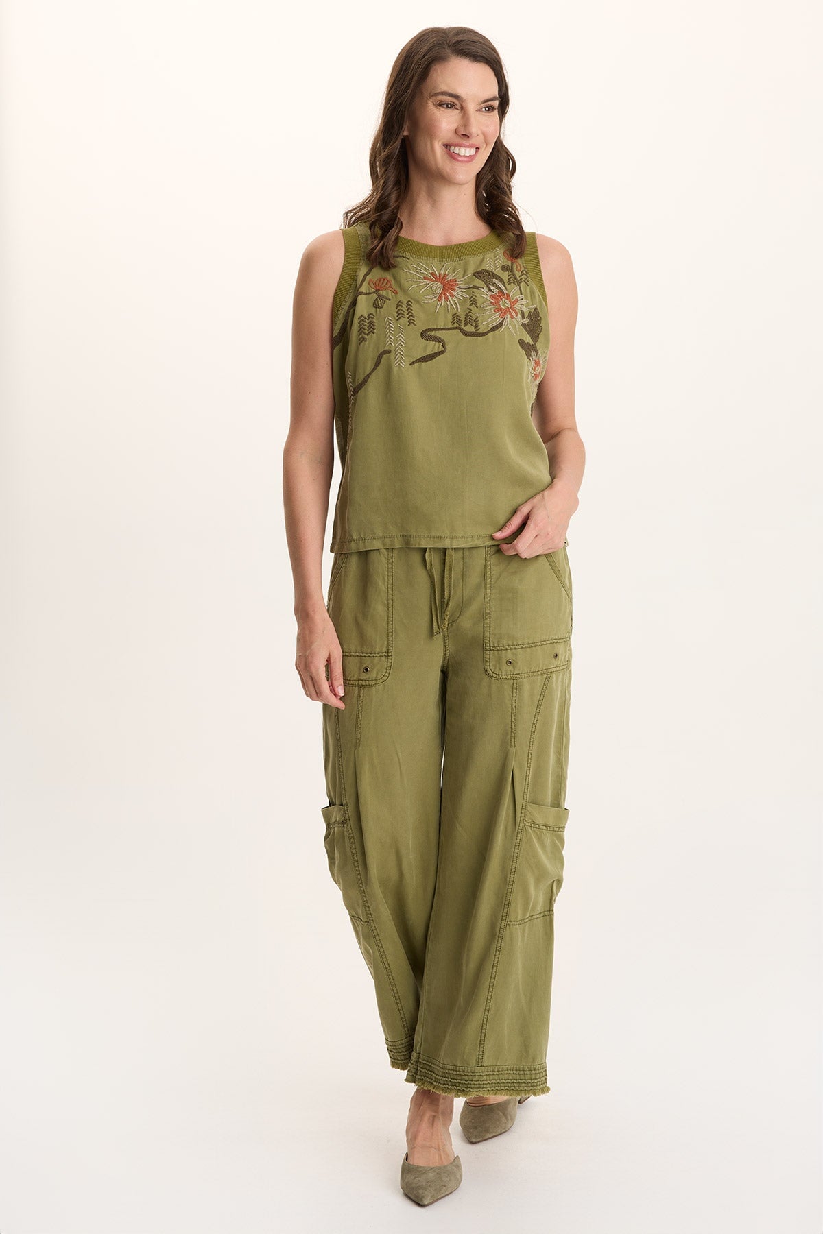 Embroidered Katrine Twill Novelty Tank Thicket Pigment - XCVI