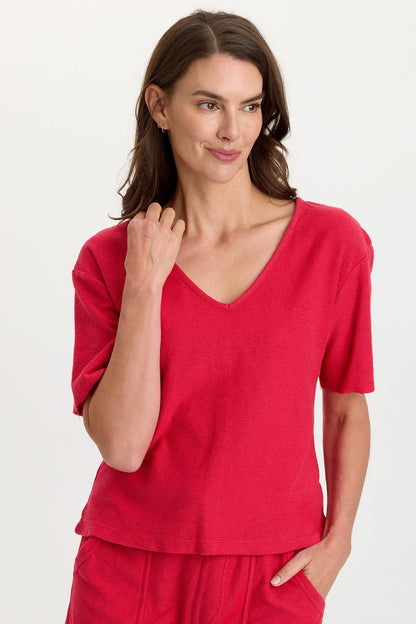 Lorn 100% Cotton Crepe Knit Short Sleeve V-Neck Tee San Marzano Pigment - XCVI