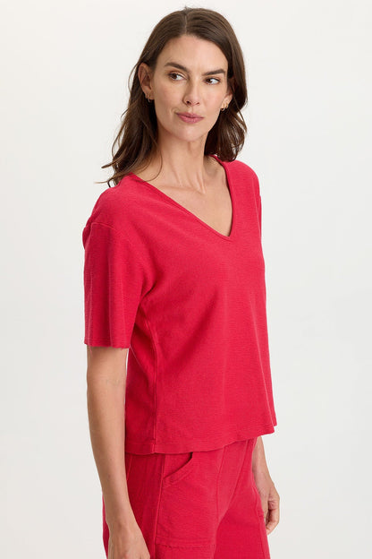 Lorn 100% Cotton Crepe Knit Short Sleeve V-Neck Tee San Marzano Pigment - XCVI