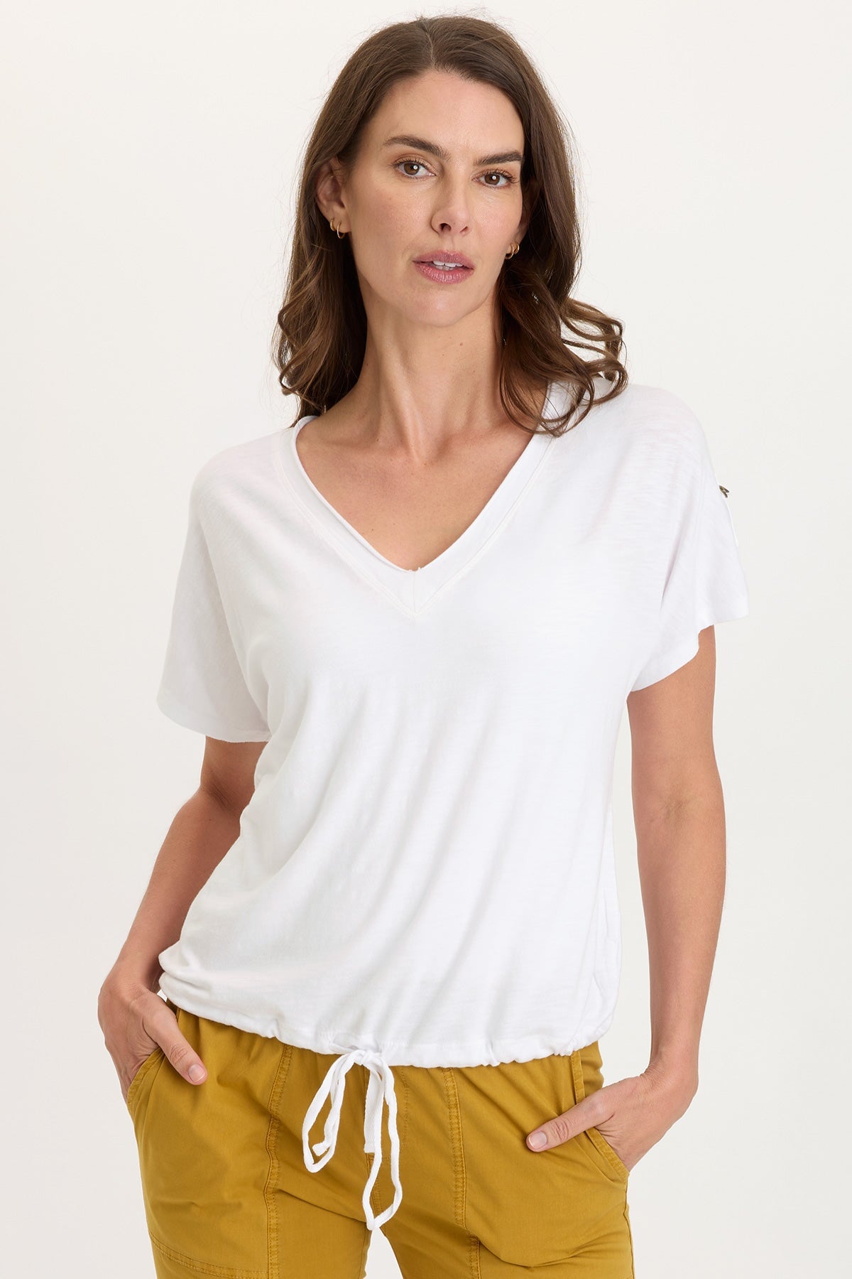 Knit Bower Cinchable Hem Tabbed Short Sleeves V-Neck Top White - XCVI