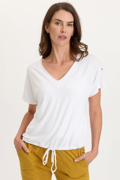 Knit Bower Cinchable Hem Tabbed Short Sleeves V-Neck Top White - XCVI