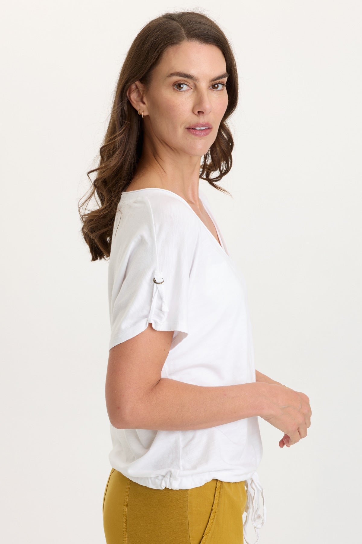 Knit Bower Cinchable Hem Tabbed Short Sleeves V-Neck Top White - XCVI