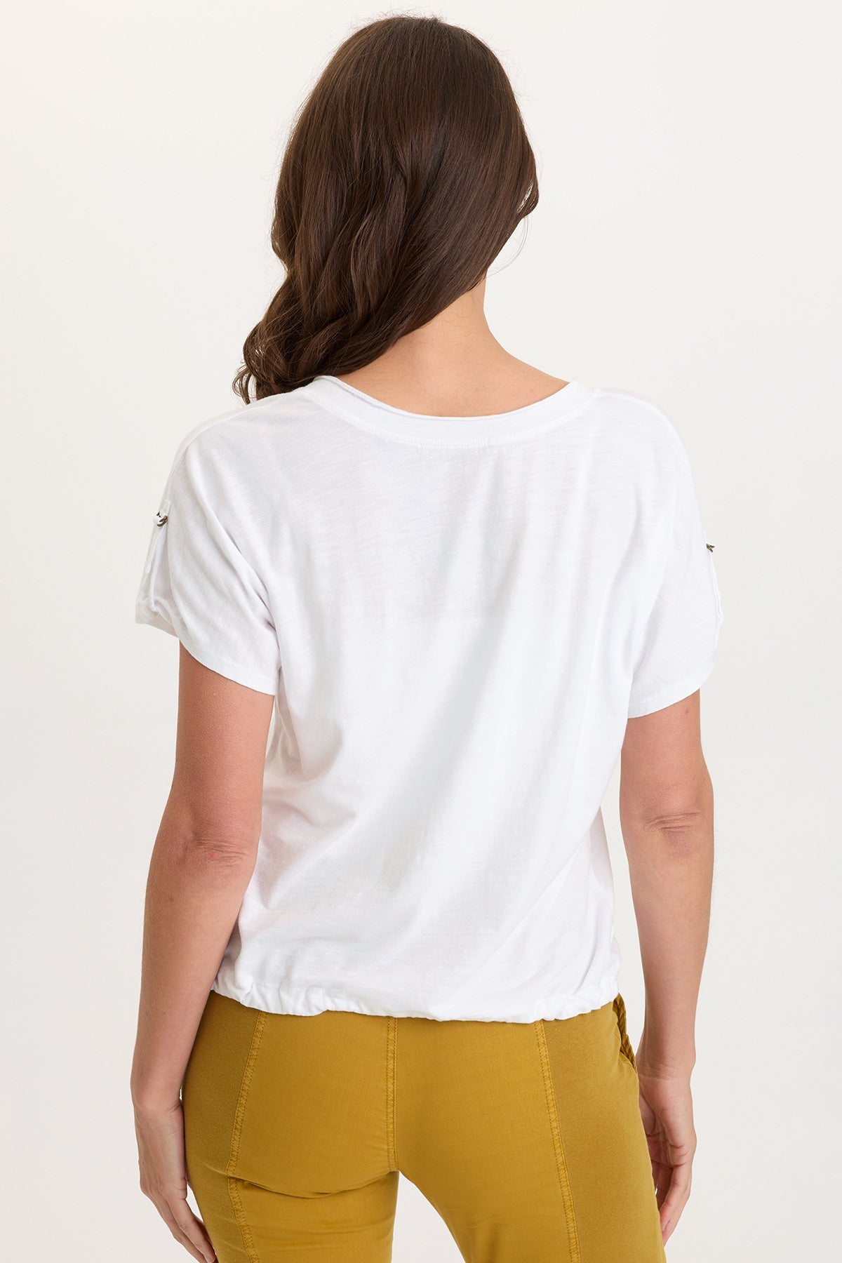 Knit Bower Cinchable Hem Tabbed Short Sleeves V-Neck Top White - XCVI
