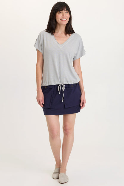 Knit Bower Cinchable Hem Tabbed Short Sleeves V-Neck Top Soft Pebble Pigment - XCVI