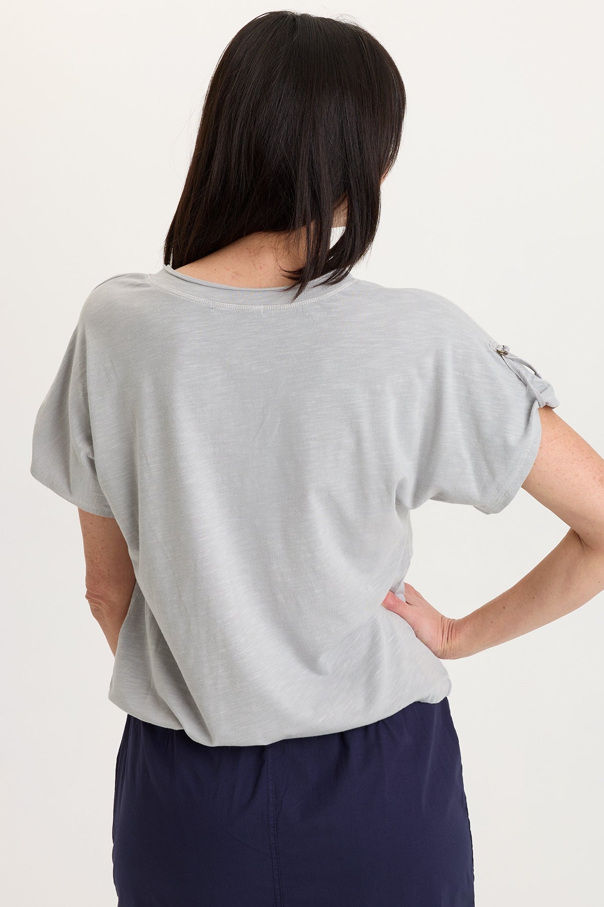 Knit Bower Cinchable Hem Tabbed Short Sleeves V-Neck Top Soft Pebble Pigment - XCVI