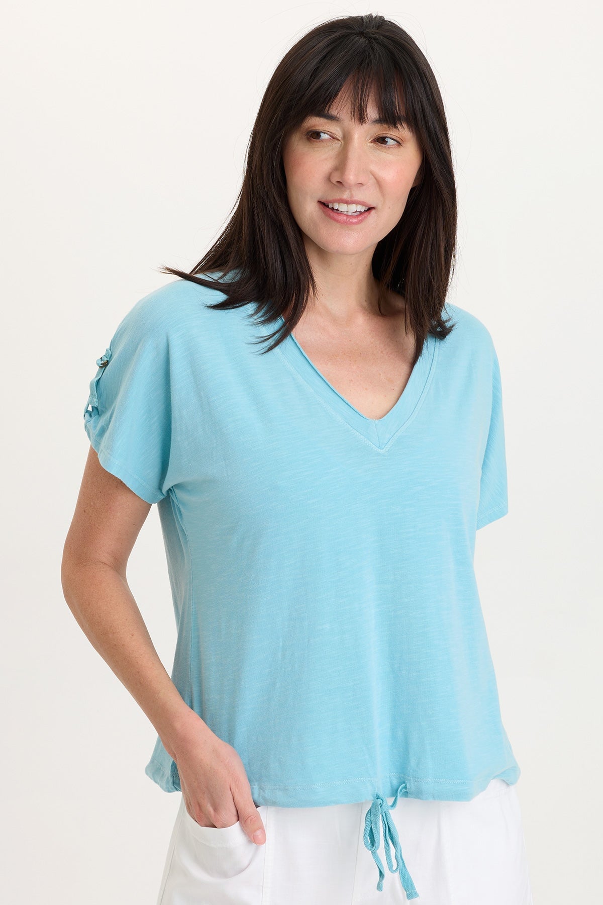 Knit Bower Cinchable Hem Tabbed Short Sleeves V-Neck Top Mermaid Tail Pigment - XCVI